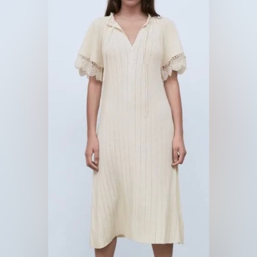 SOLD. NEW Zara Lace Knit Midi Long Dress Cream Knit Sparkle Bohemian Hippie